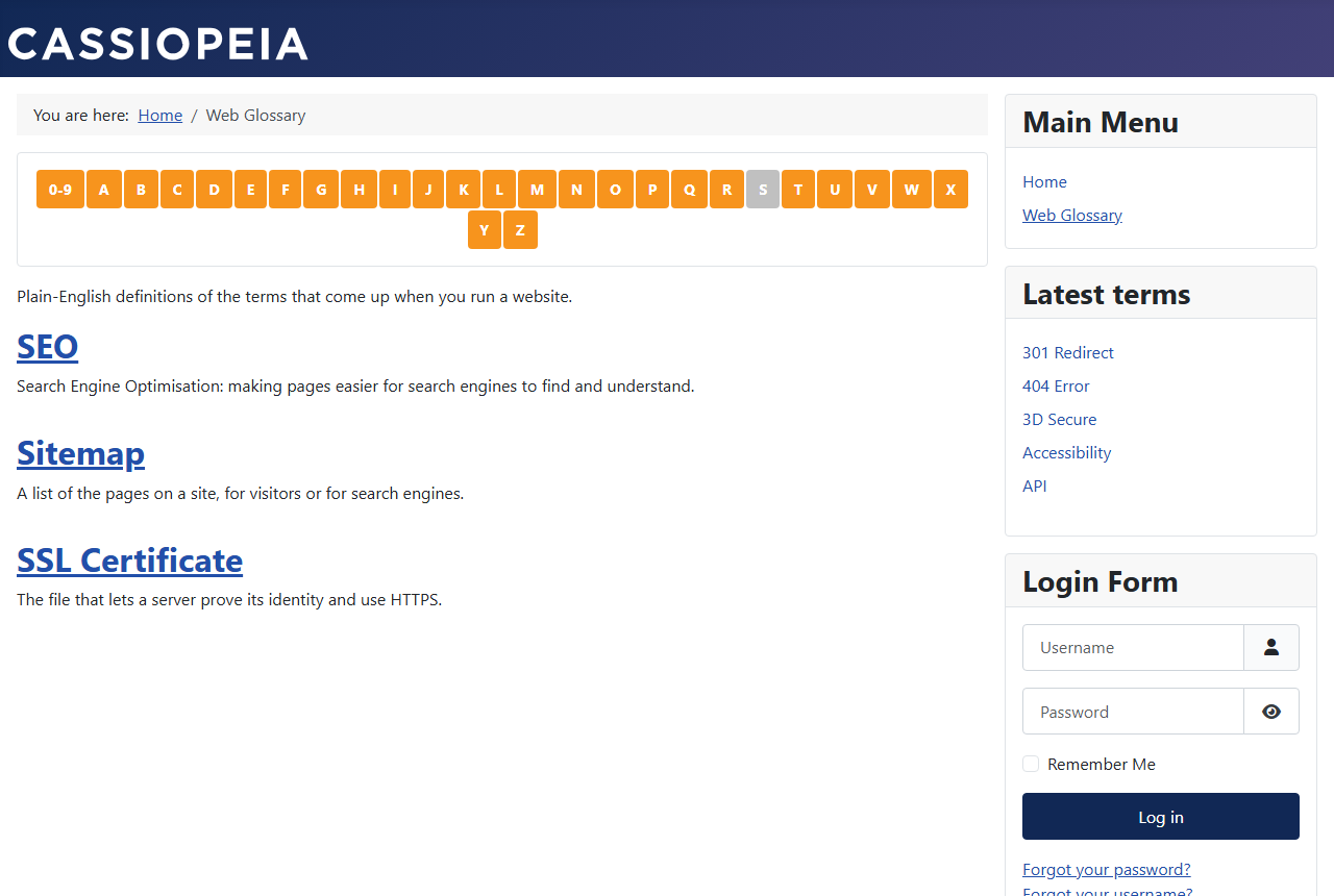 A Web Glossary category page with the 0-9 and A-Z button bar above the article list, the S button highlighted and only the three terms starting with S listed