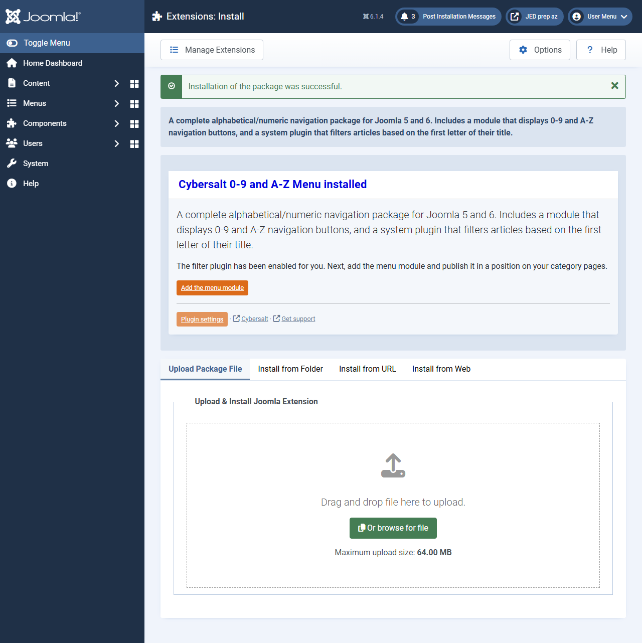 The Cybersalt install card after a fresh install, saying the filter plugin has been enabled, with Add the menu module and Plugin settings buttons