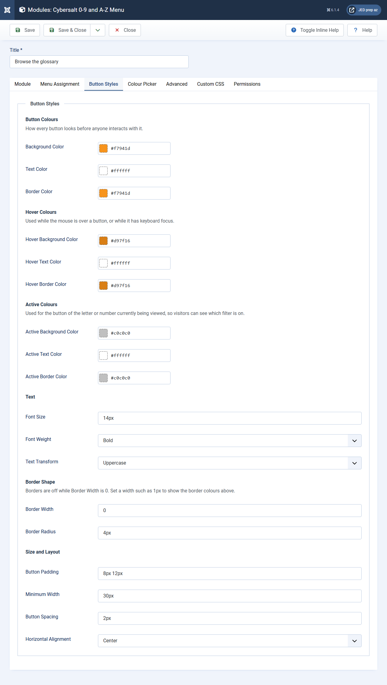 The Button Styles tab, grouped into Button Colours, Hover Colours, Active Colours, Text, Border Shape, and Size and Layout