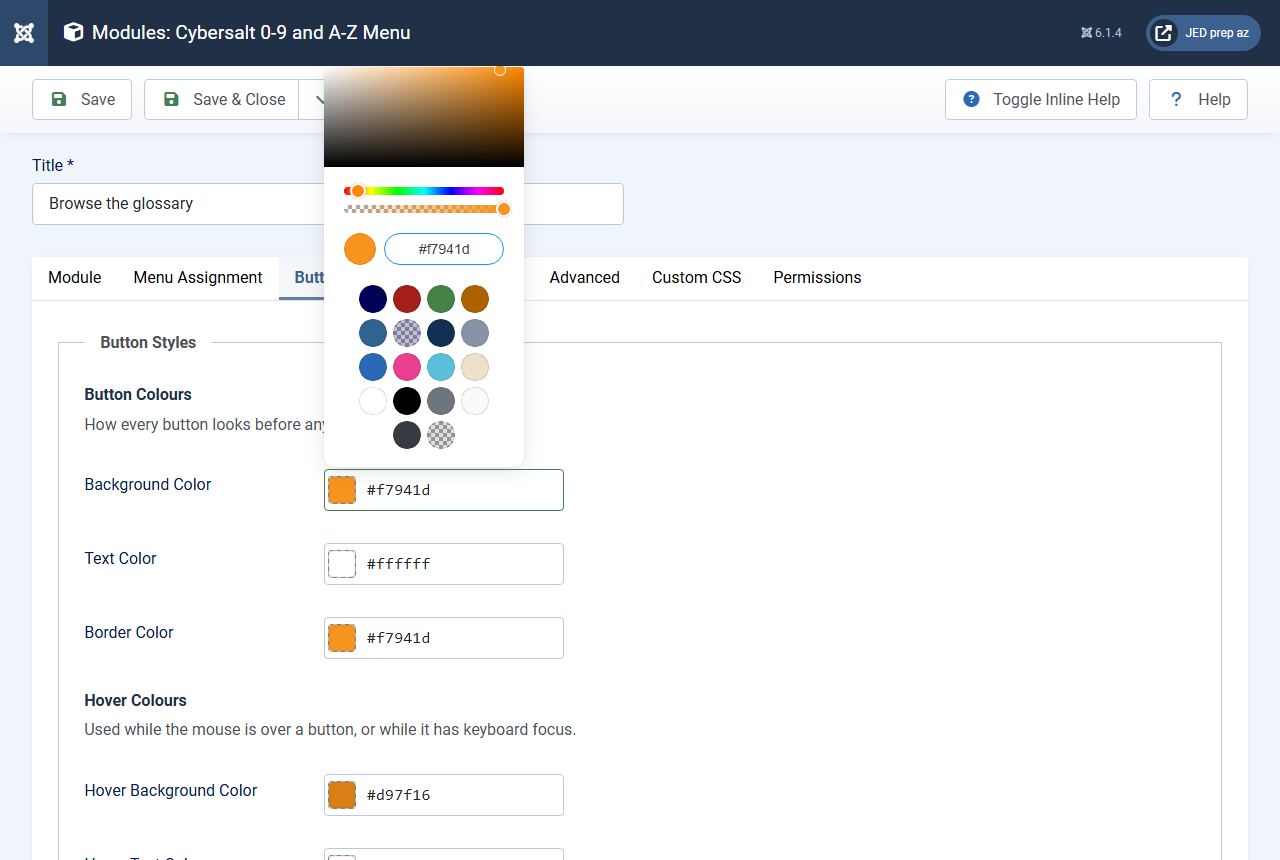The colour picker open on the Background Color field, with quick-pick swatches taken from the site template