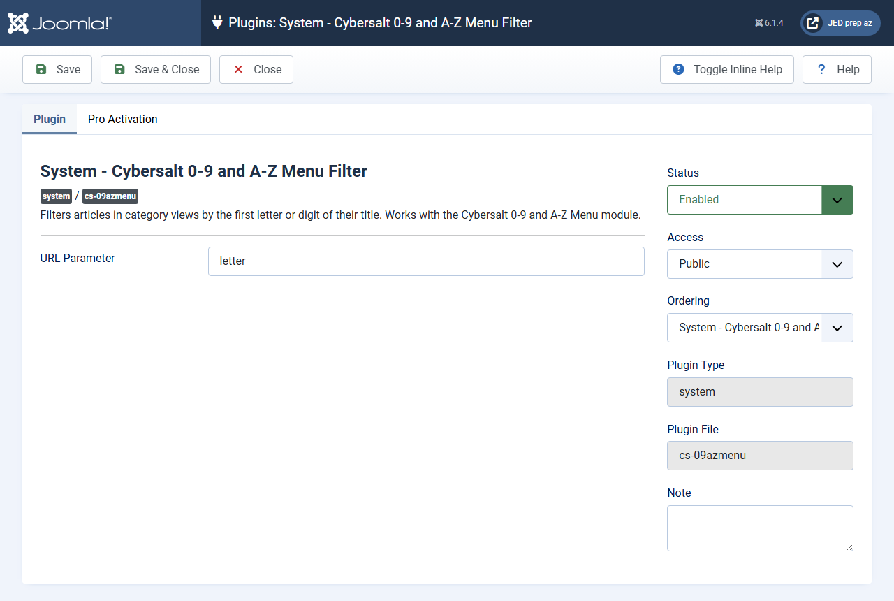 The System - Cybersalt 0-9 and A-Z Menu Filter plugin settings, with URL Parameter set to letter