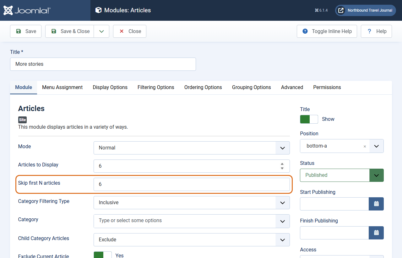 The Articles module's Module tab with Articles to Display set to 6 and, directly below it, Skip first N articles set to 6