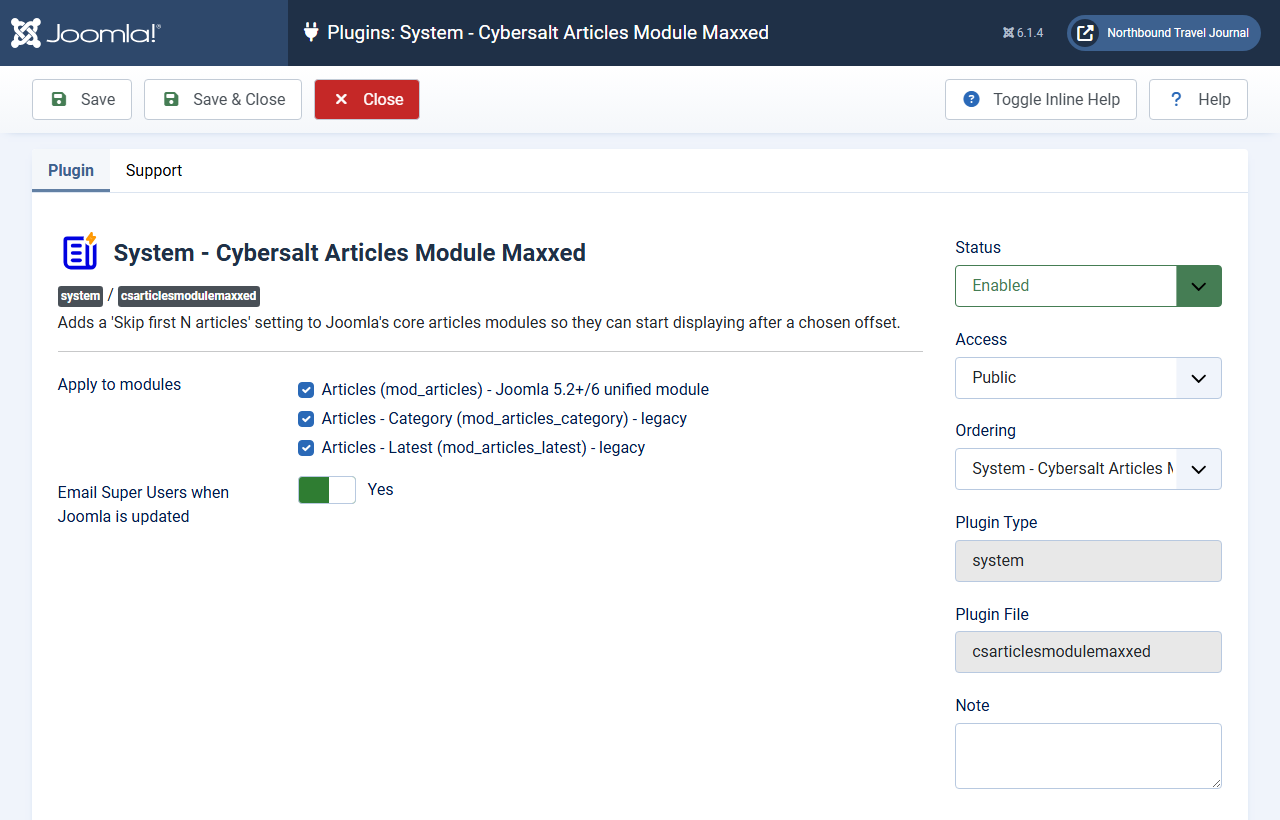 The plugin's settings: Apply to modules with all three articles modules ticked, and Email Super Users when Joomla is updated set to Yes