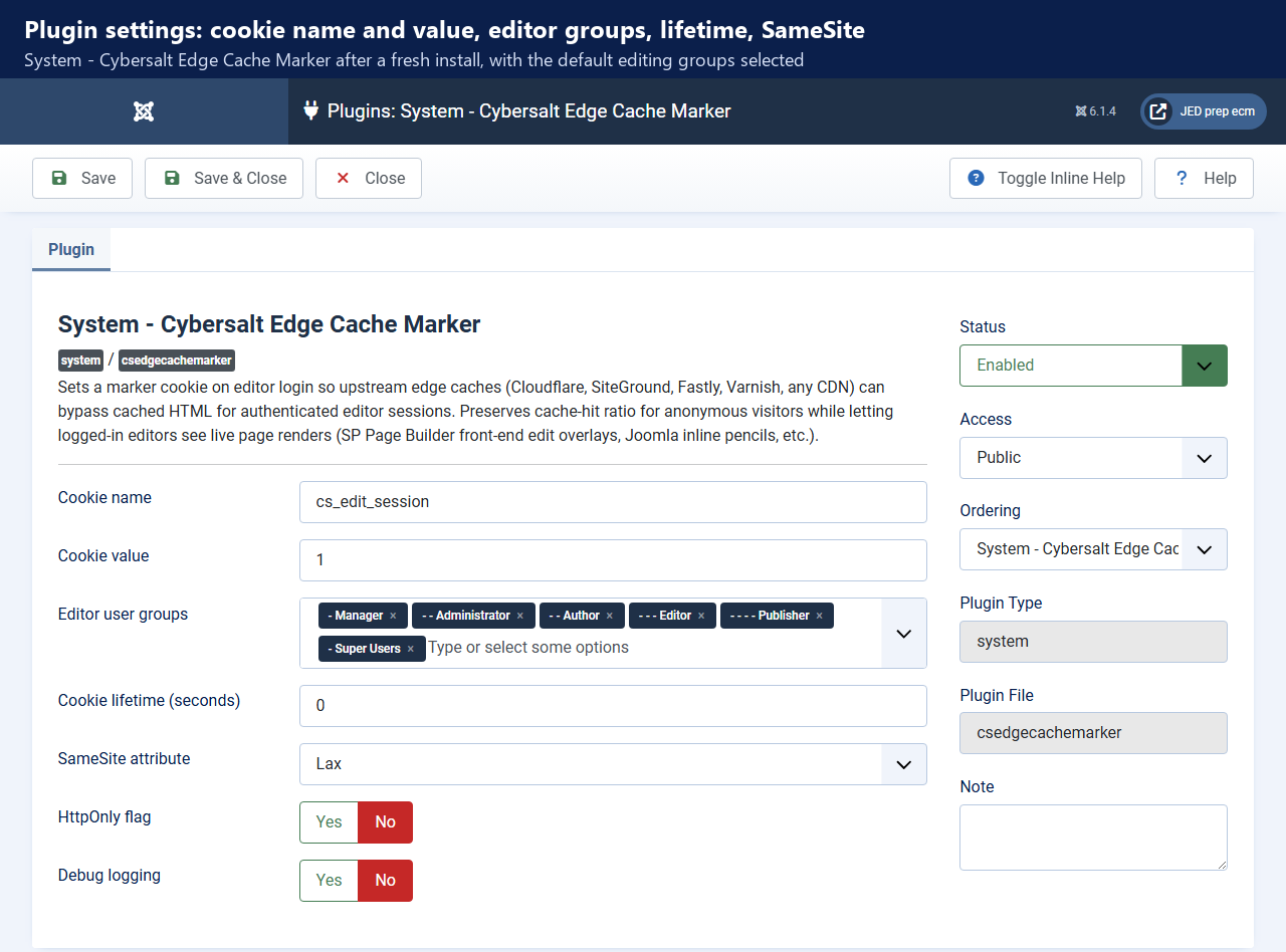 The plugin's settings: Cookie name cs_edit_session, Cookie value 1, Editor user groups Manager, Administrator, Author, Editor, Publisher and Super Users, Cookie lifetime 0, SameSite Lax, HttpOnly No, Debug logging No