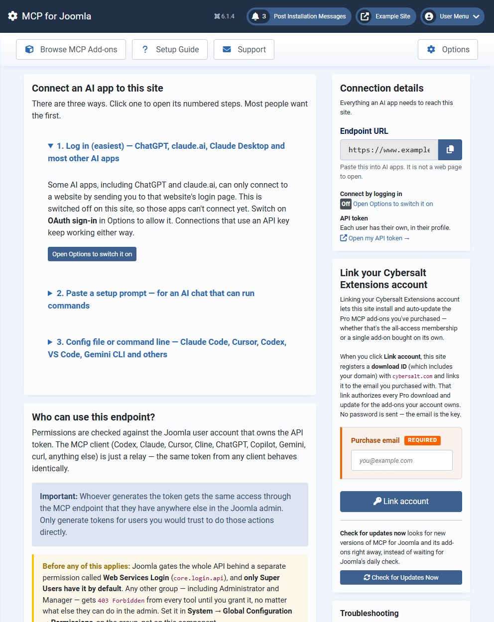 The MCP for Joomla Dashboard: the Connect an AI app to this site card with three ways to connect, the Connection details card with the Endpoint URL, and the permissions table