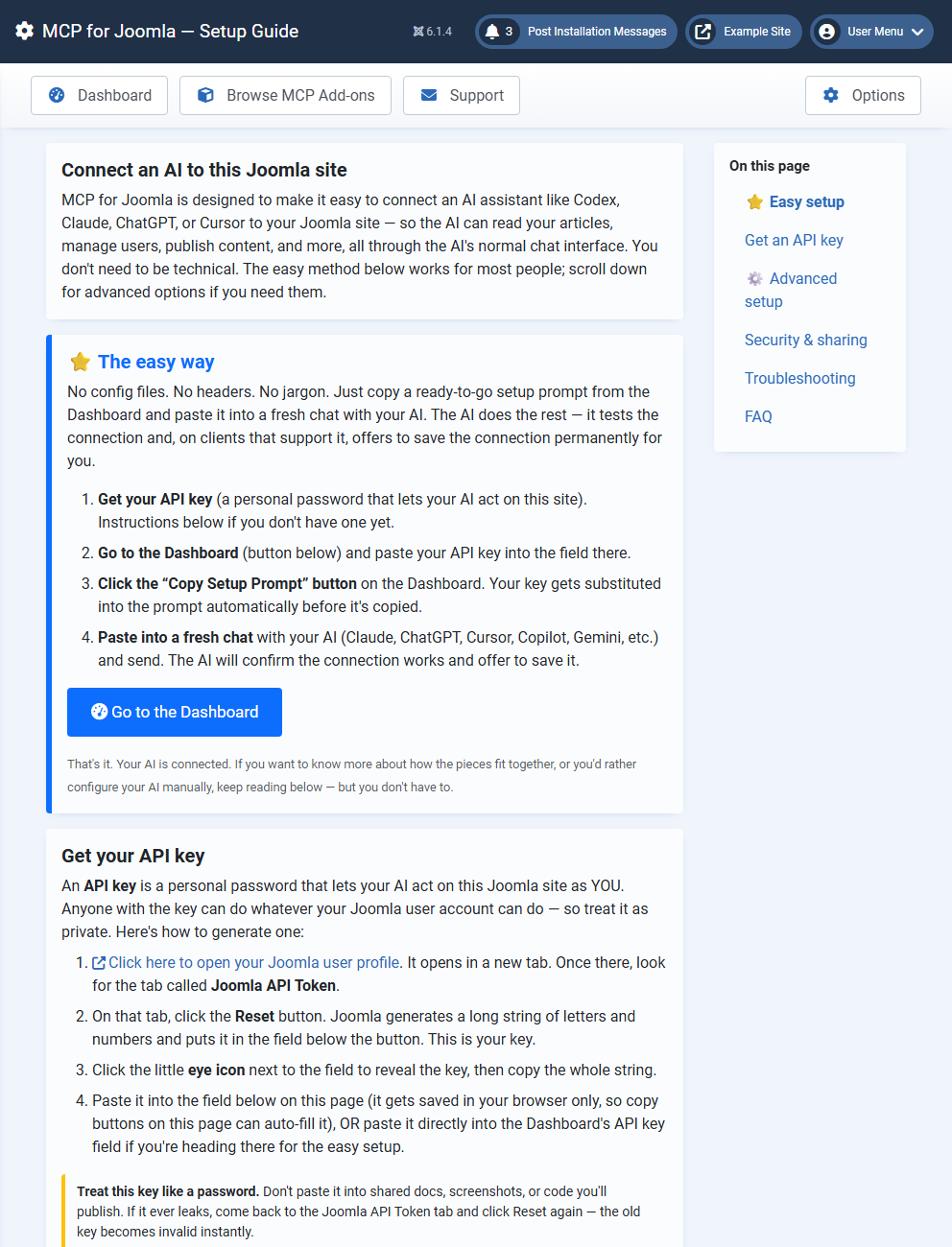 The MCP for Joomla Setup Guide: The easy way, Get your API key, and the On this page menu