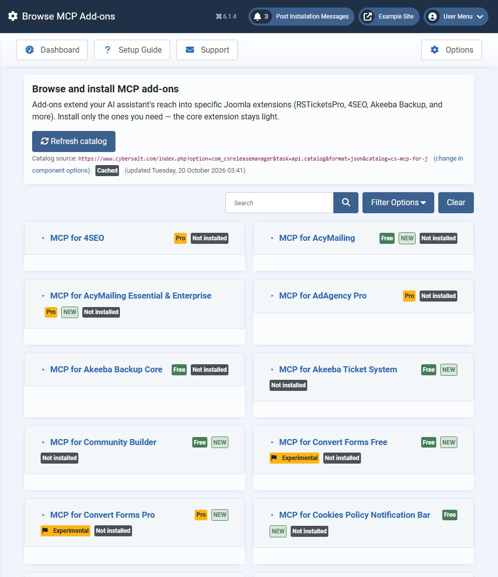 Browse MCP Add-ons: a grid of add-ons, each marked Free or Pro, with New, Experimental and Not installed badges