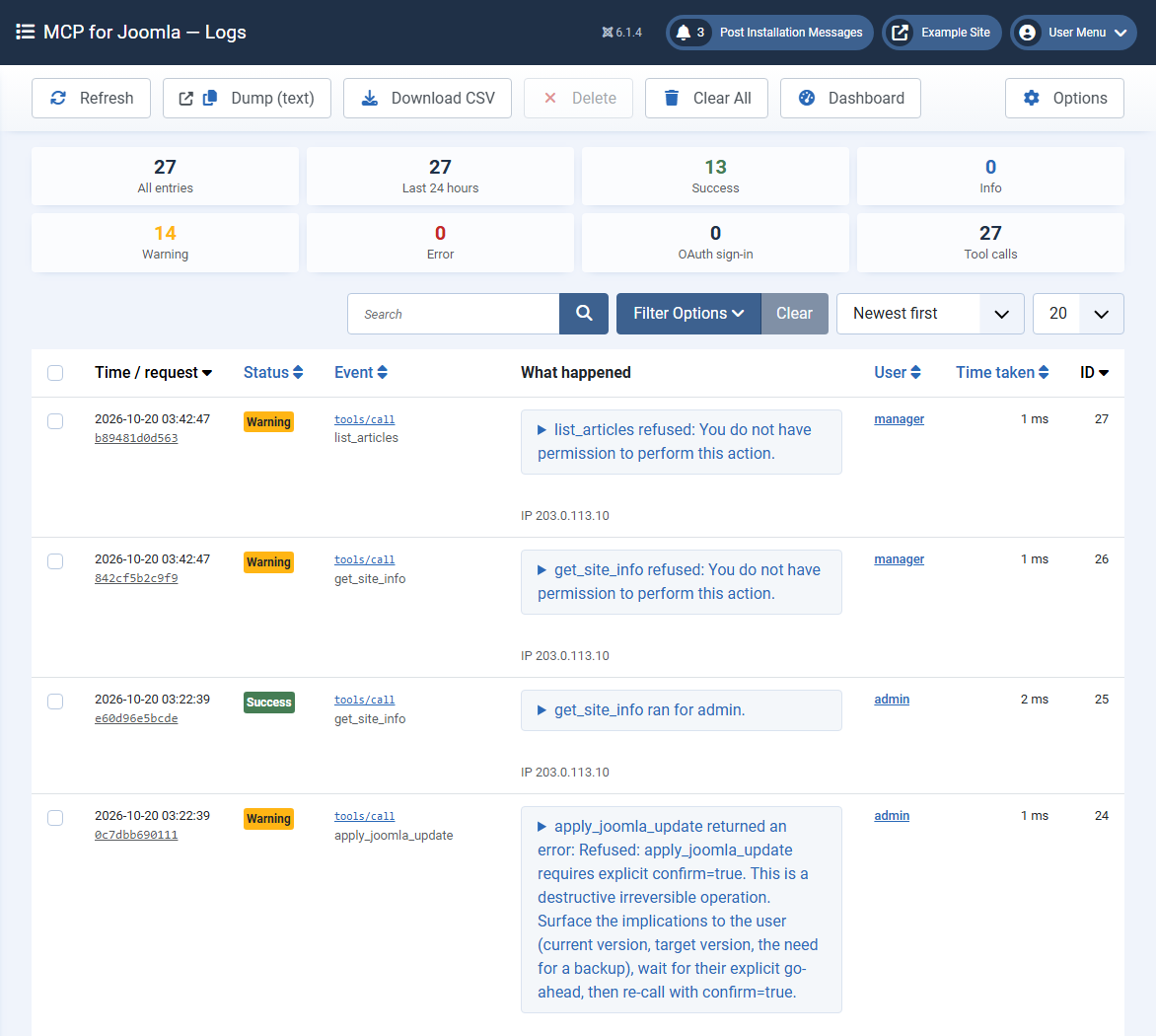 The MCP for Joomla Logs screen: counts of entries, warnings and errors, filters, and a list of tool calls with their status, user and time taken