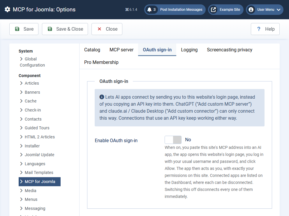 The OAuth sign-in tab in MCP for Joomla's Options, with Enable OAuth sign-in set to No