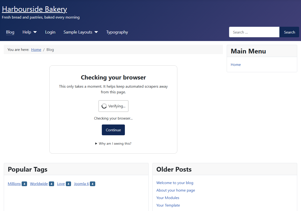 A protected Blog page showing the Checking your browser card inside the site's own template, with the Proof-of-Work widget verifying