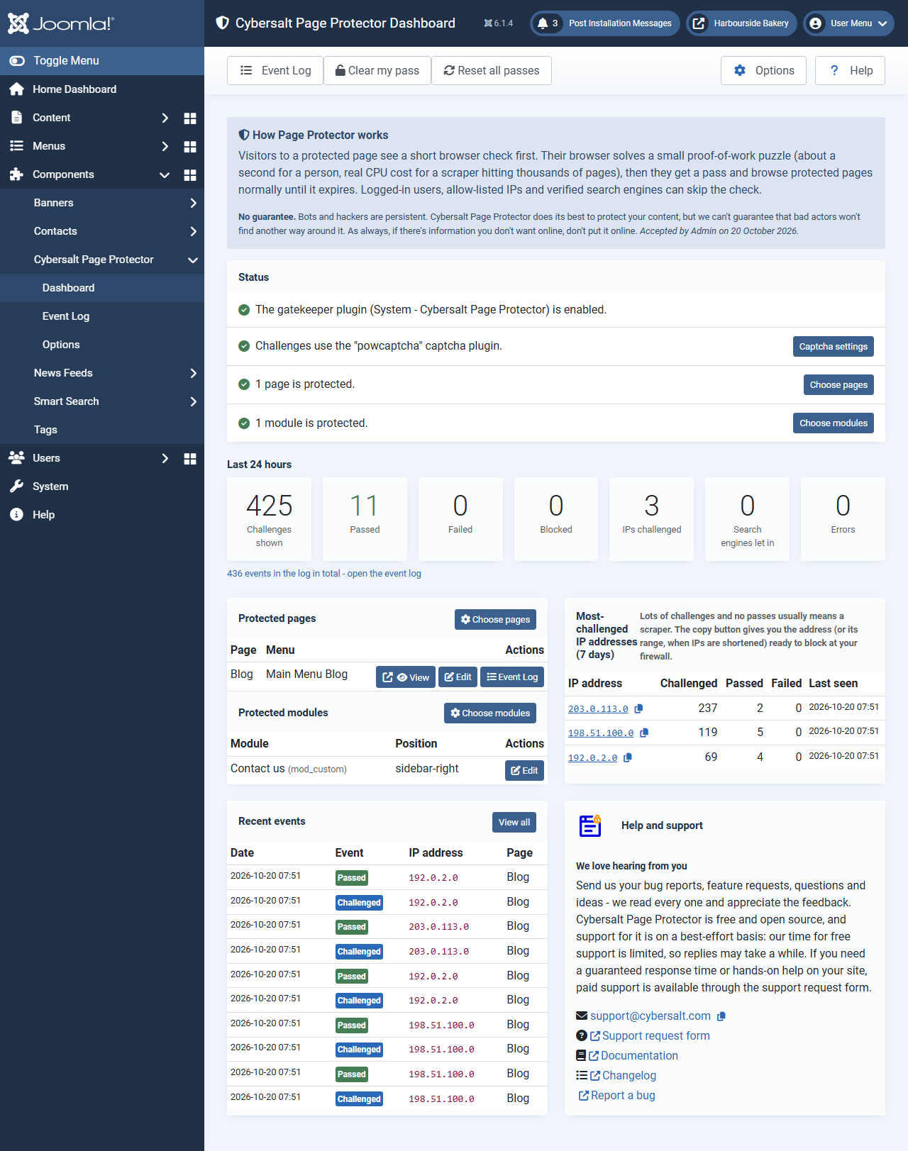 The dashboard: status checks, last 24 hours counts for challenges, passes, failures and blocks, the protected pages and modules, the most-challenged IP addresses with copy buttons, recent events and the help panel