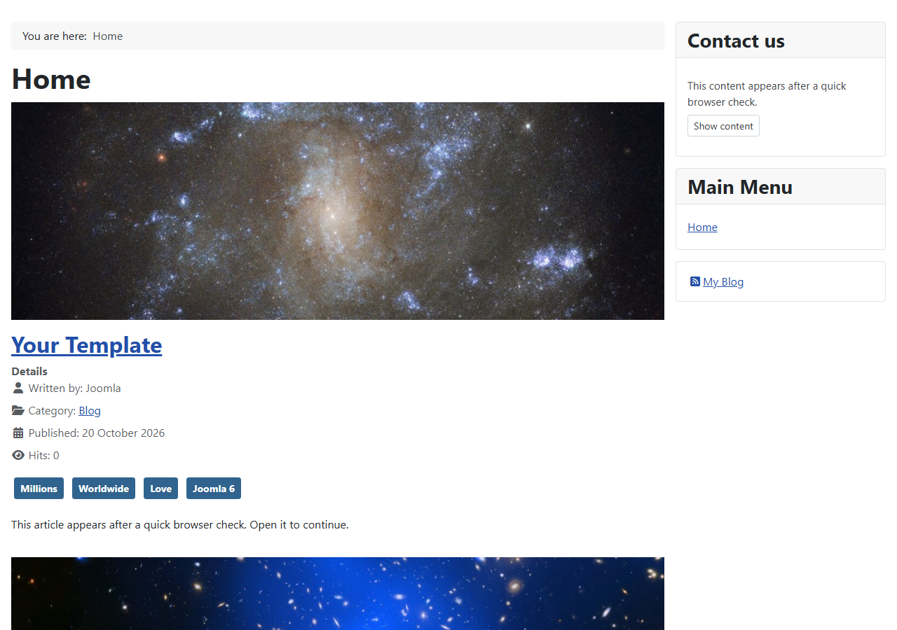 The home page for a visitor who hasn't passed: a protected Contact us module shows This content appears after a quick browser check and a Show content button, and a protected article in the featured list shows a short notice instead of its text