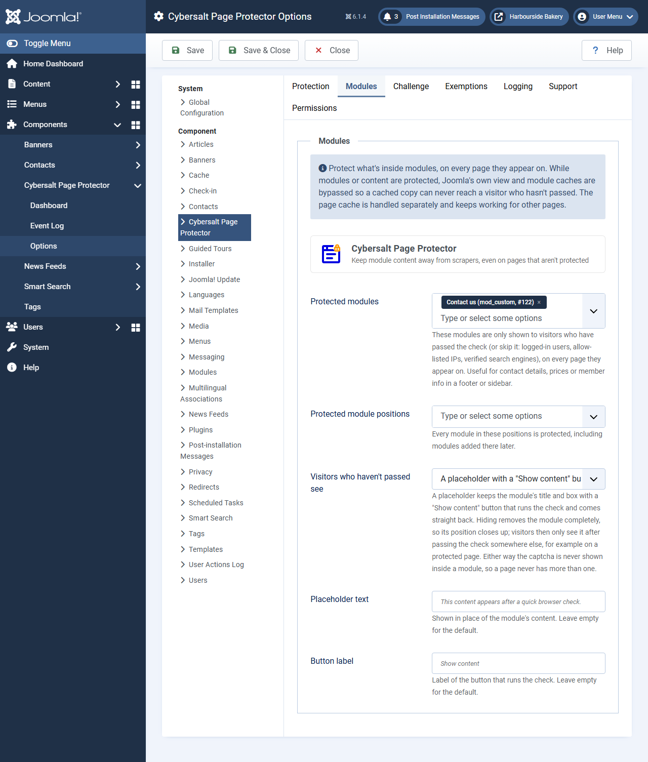 The Modules tab with the Contact us module selected under Protected modules and the placeholder text and button label fields