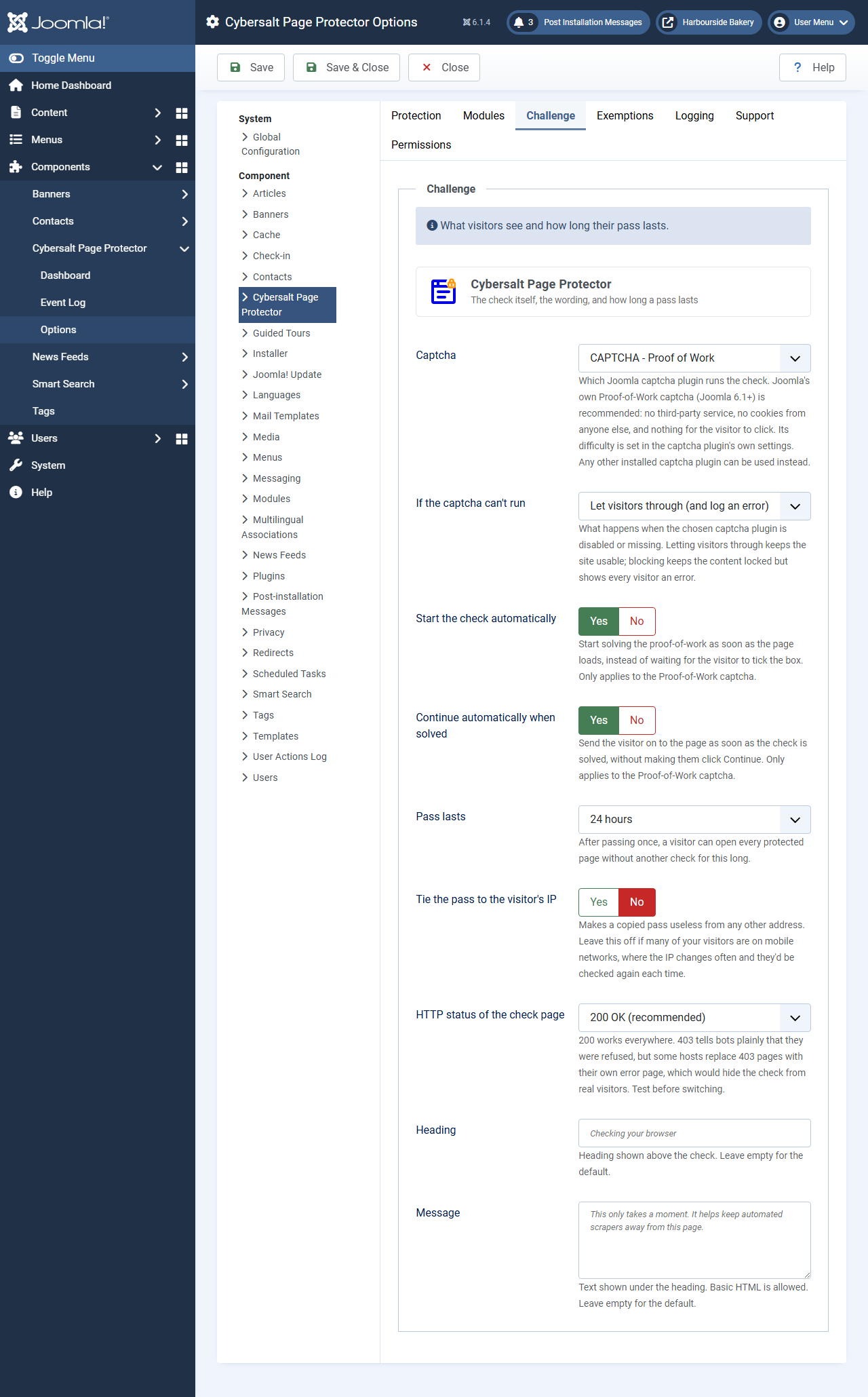 The Challenge tab: Captcha set to CAPTCHA - Proof of Work, If the captcha can't run, automatic start and continue, Pass lasts 24 hours, tie the pass to the IP, HTTP status, heading and message