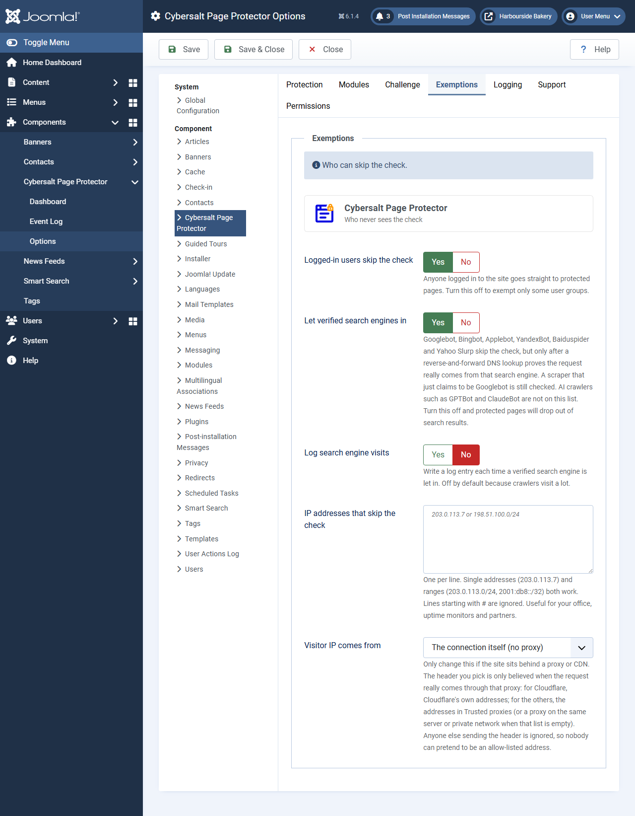 The Exemptions tab: logged-in users skip the check, verified search engines, search engine logging, allowed IP addresses and Visitor IP comes from