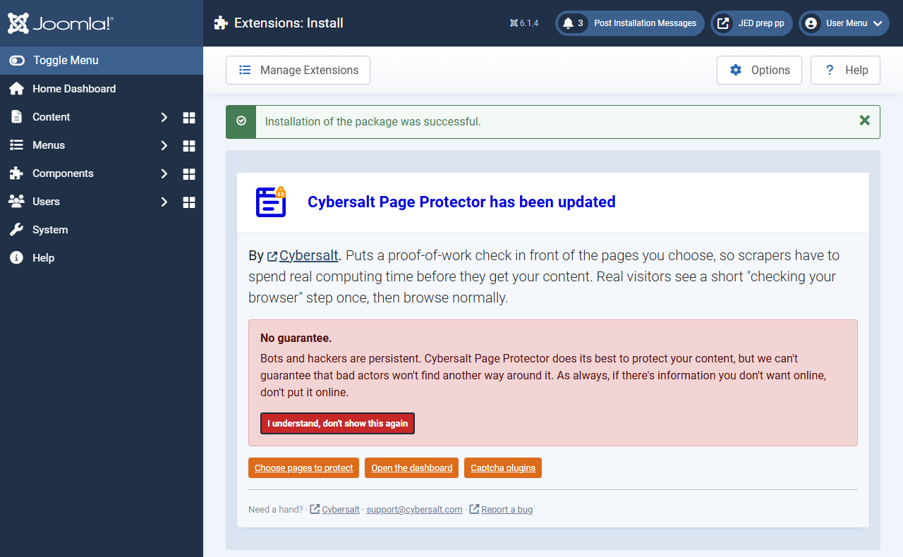 The post-install card: Cybersalt Page Protector has been updated, the red No guarantee notice with its I understand button, and buttons to choose pages, open the dashboard and open the captcha plugins