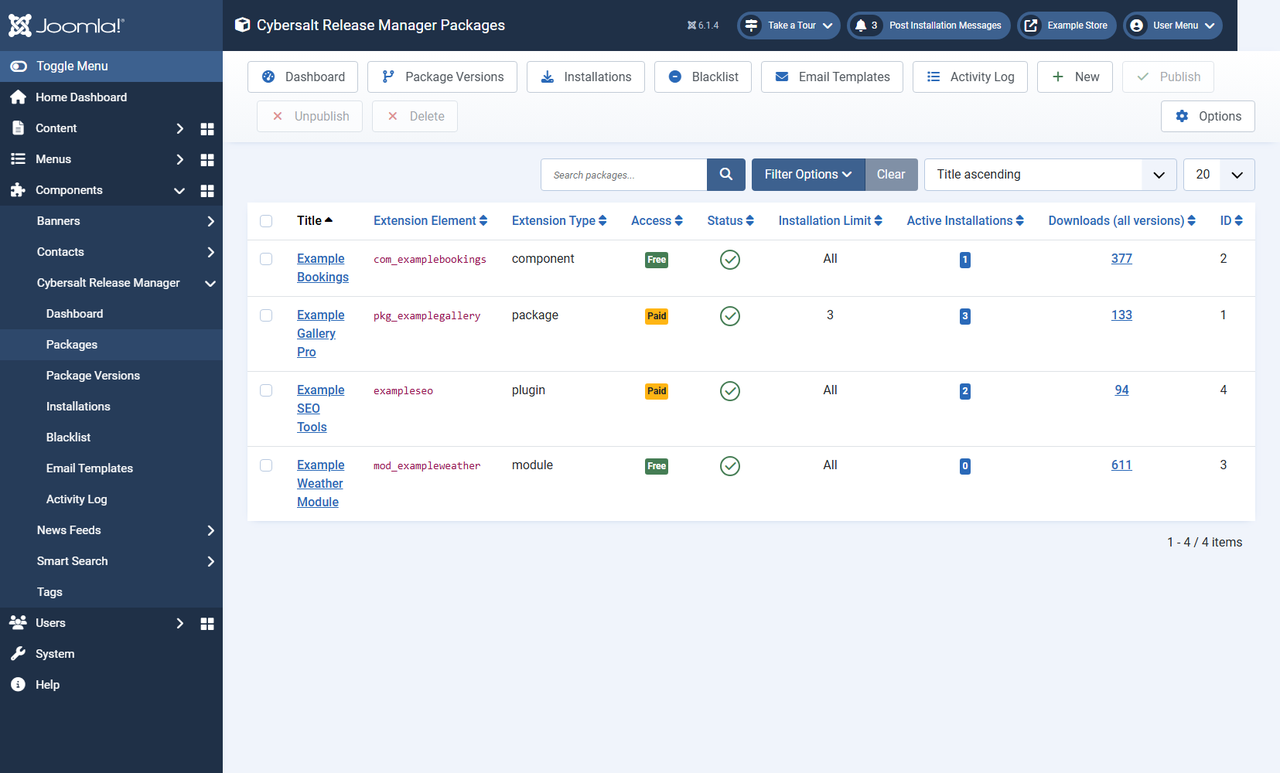 The Packages list with two free and two paid packages, their installation limits, active installations and download counts