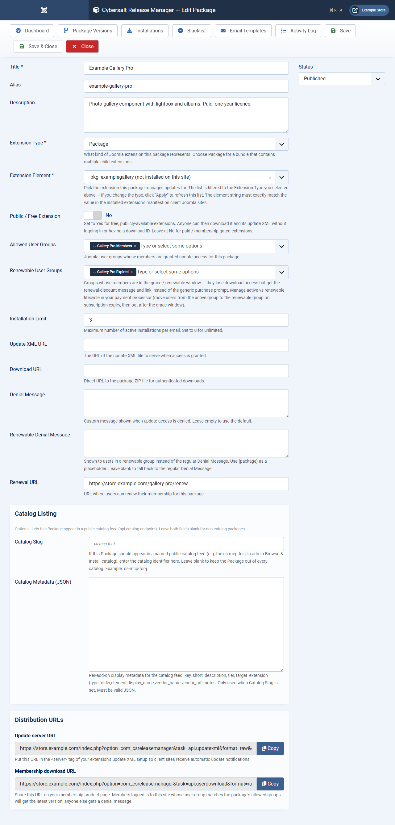Editing a paid package: allowed and renewable user groups, installation limit, renewal URL, the catalog listing fields and the Distribution URLs panel with the update server URL