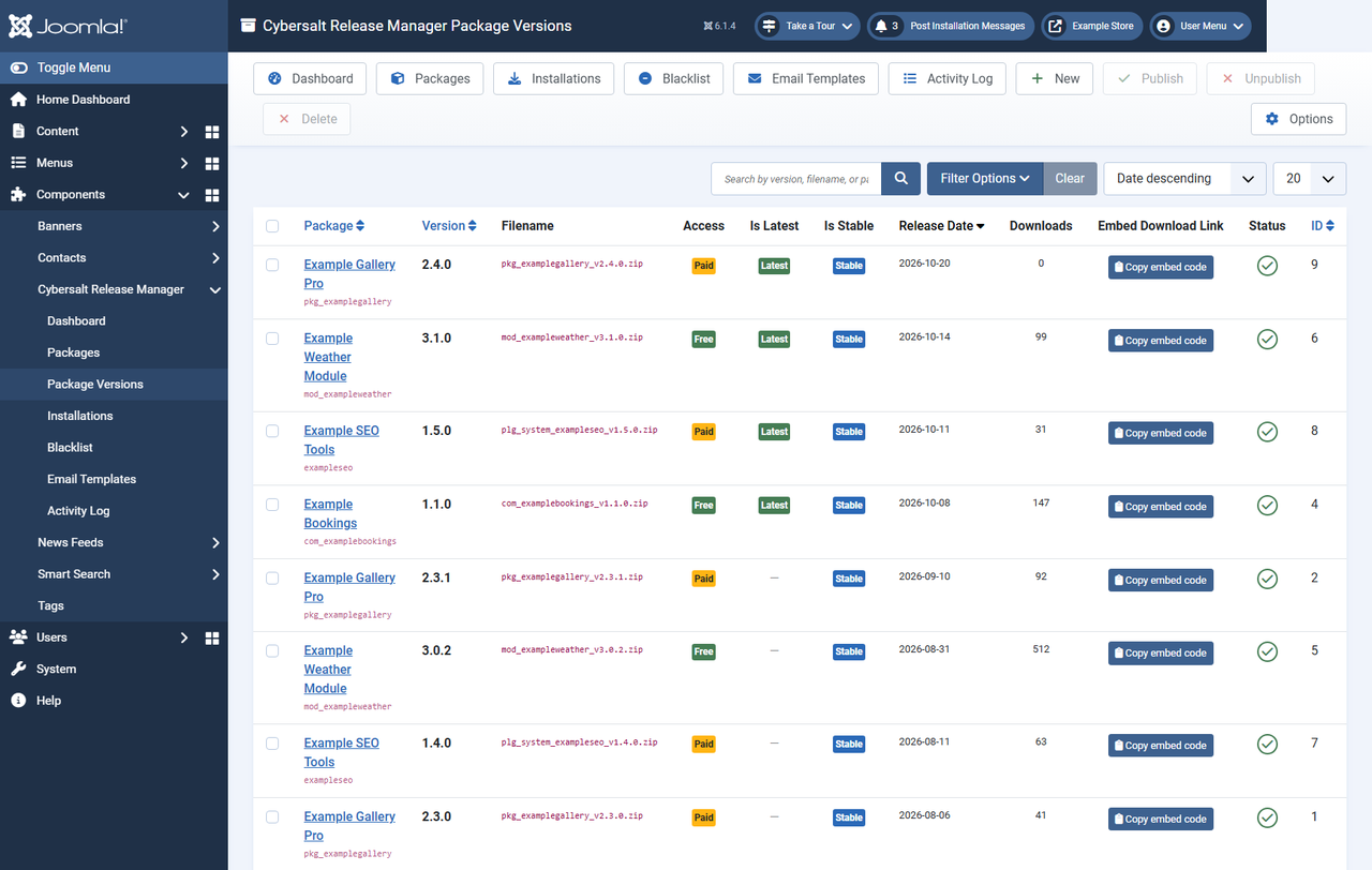 The Package Versions list showing each version's file, access, latest and stable flags, release date and download count