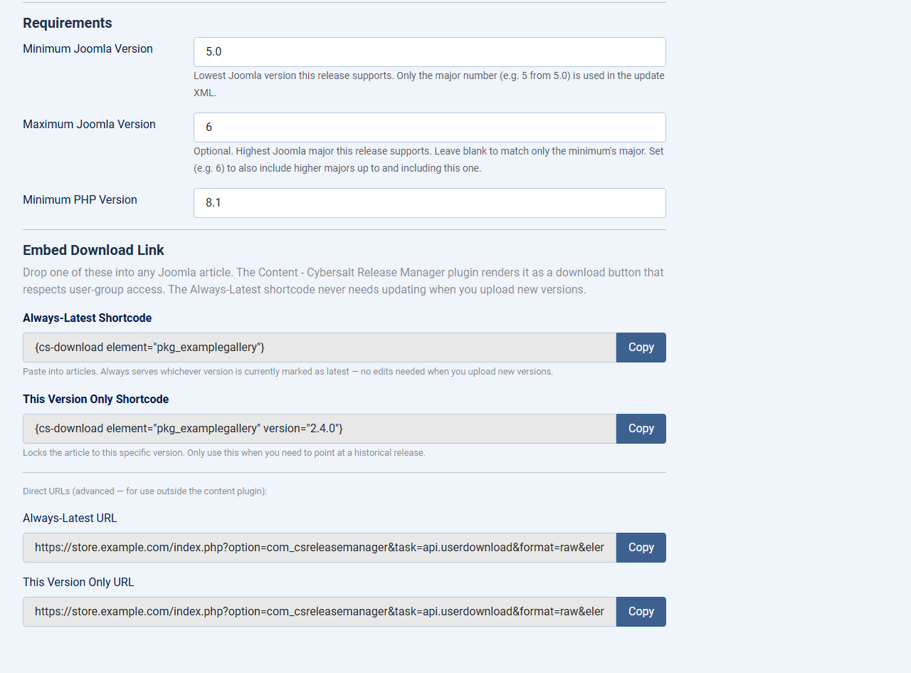The bottom of a version's edit screen: Joomla and PHP requirements and the Embed Download Link panel with the always-latest and this-version shortcodes and URLs