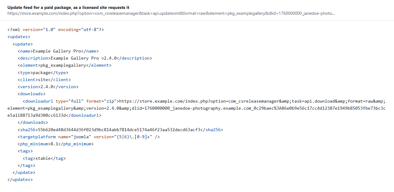 The update XML for a paid package: name, element, type, client, version, a download URL that carries the download ID, sha256, targetplatform for Joomla 5 and 6, php_minimum and the stable tag