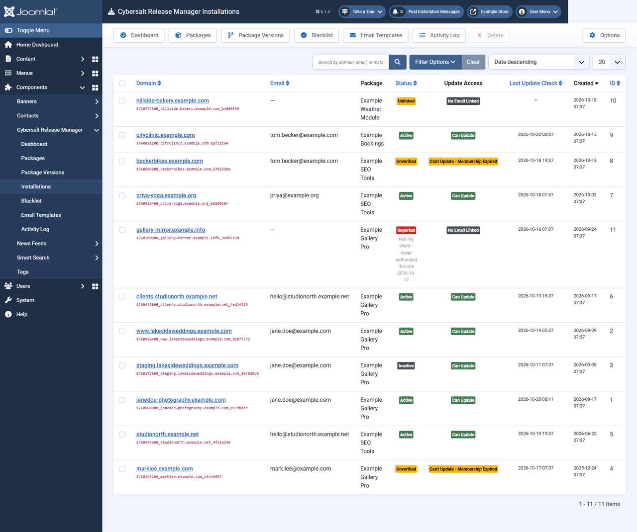 The Installations list: each site's domain and installation ID, linked email, package, status, update access, last update check and date created, including a reported site