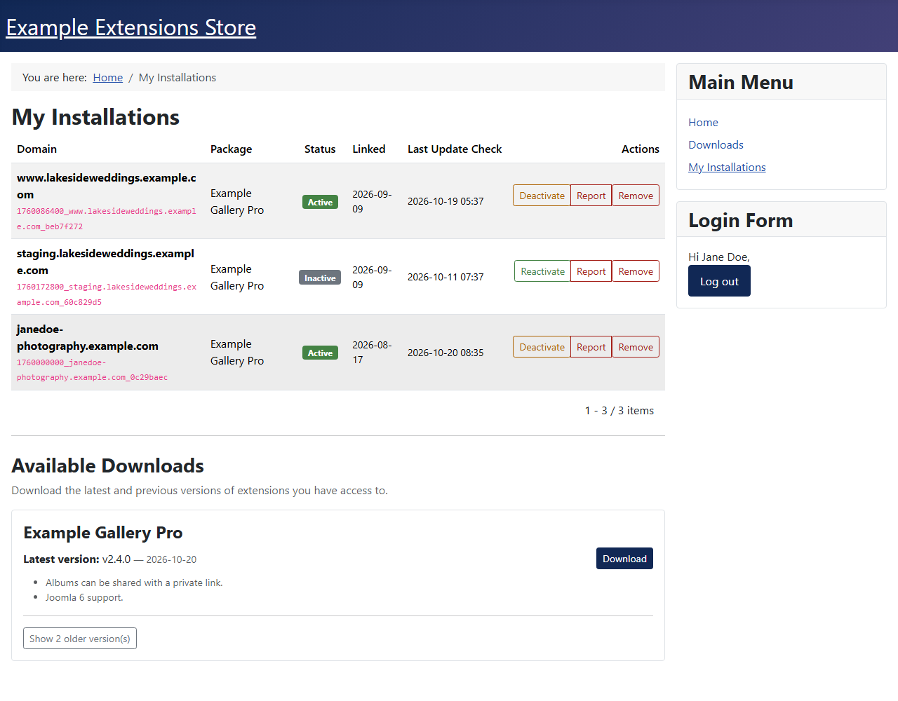 The front-end My Installations page for a logged-in customer, listing three linked sites with Deactivate, Remove and Report buttons, and available downloads