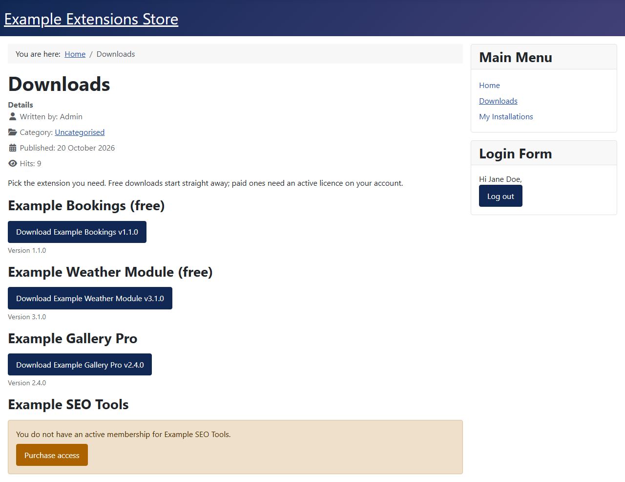 An article with four download shortcodes seen by a logged-in customer: download buttons for two free packages and a paid package they own, and a Purchase access box for a paid package they don't