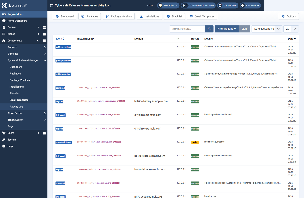 The Activity Log listing registrations, email links and downloads with their IP addresses and results