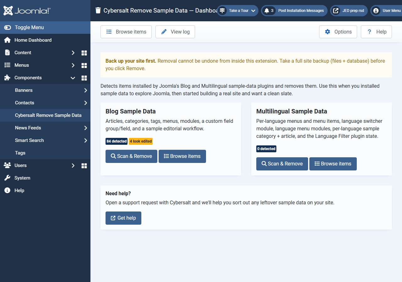 The Remove Sample Data dashboard: a Blog Sample Data card reporting items detected and items that look edited, and a Multilingual Sample Data card, each with Scan & Remove and Browse items buttons