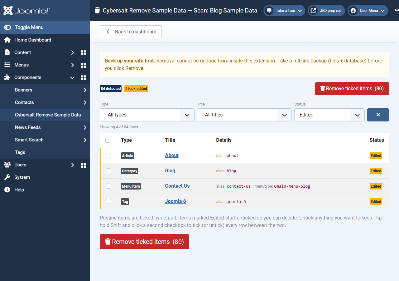 The Scan view filtered to Edited items: the site's own About article, the Blog category, a Contact Us menu item and the Joomla 6 tag, all unticked