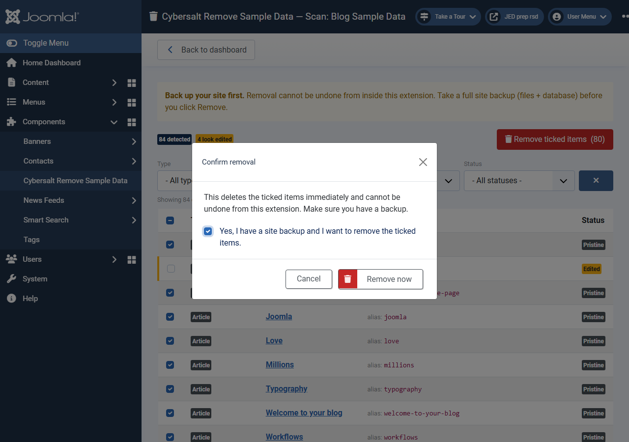 The confirmation dialog with the backup checkbox ticked and the Remove now button enabled