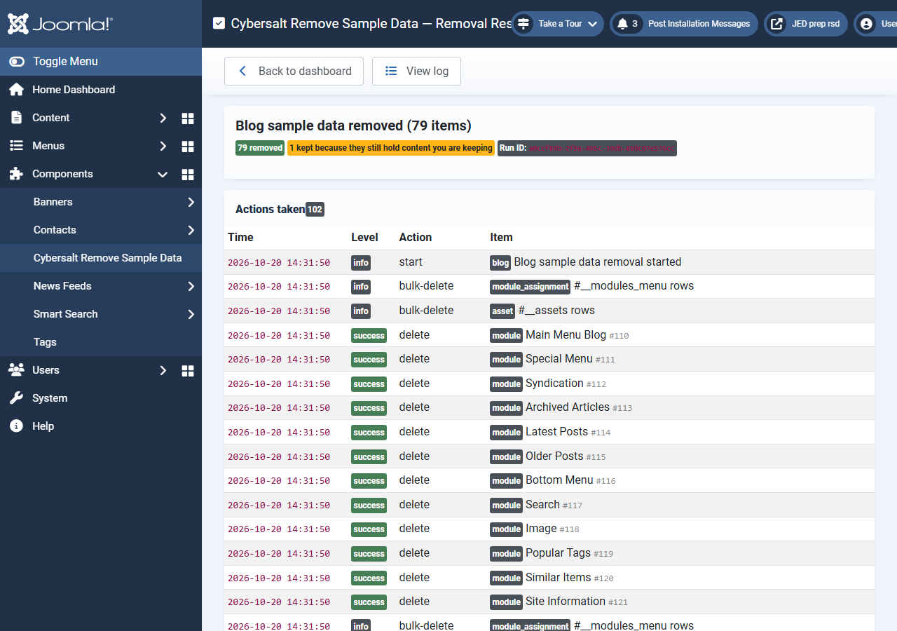 The result page: the number of items removed and kept, the run ID, and the list of actions taken
