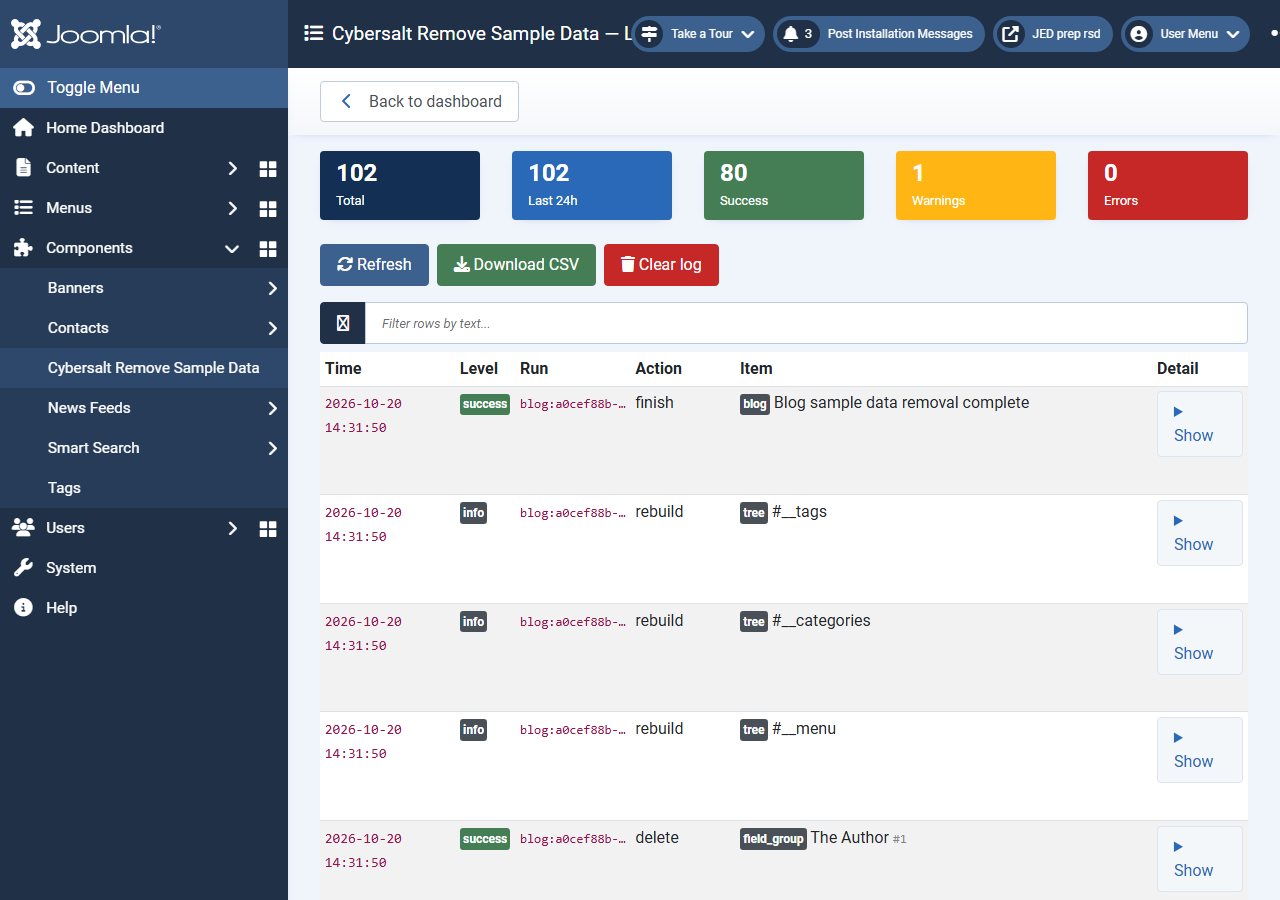 The activity log with summary cards and a list of delete actions