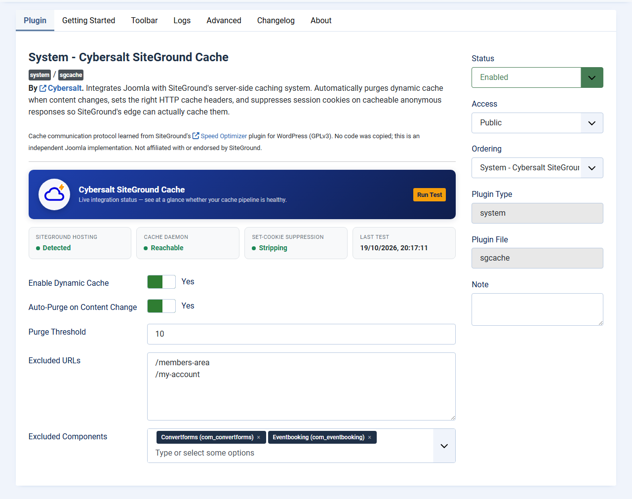 The plugin's Plugin tab: a status panel showing SiteGround Hosting Detected, Cache Daemon Reachable and Set-Cookie Suppression Stripping, above the cache settings