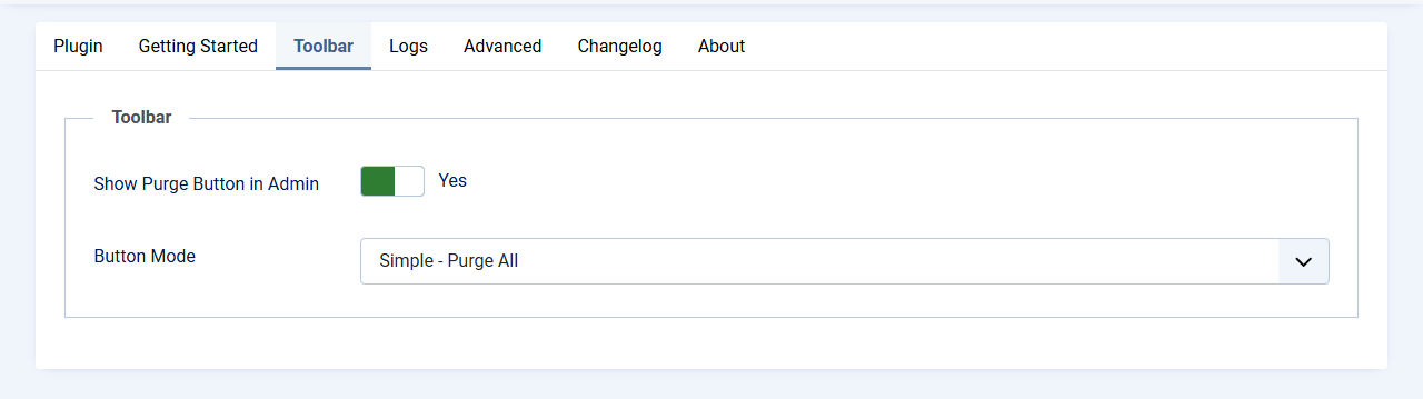 The Toolbar tab with Show Purge Button in Admin set to Yes and Button Mode set to Simple - Purge All