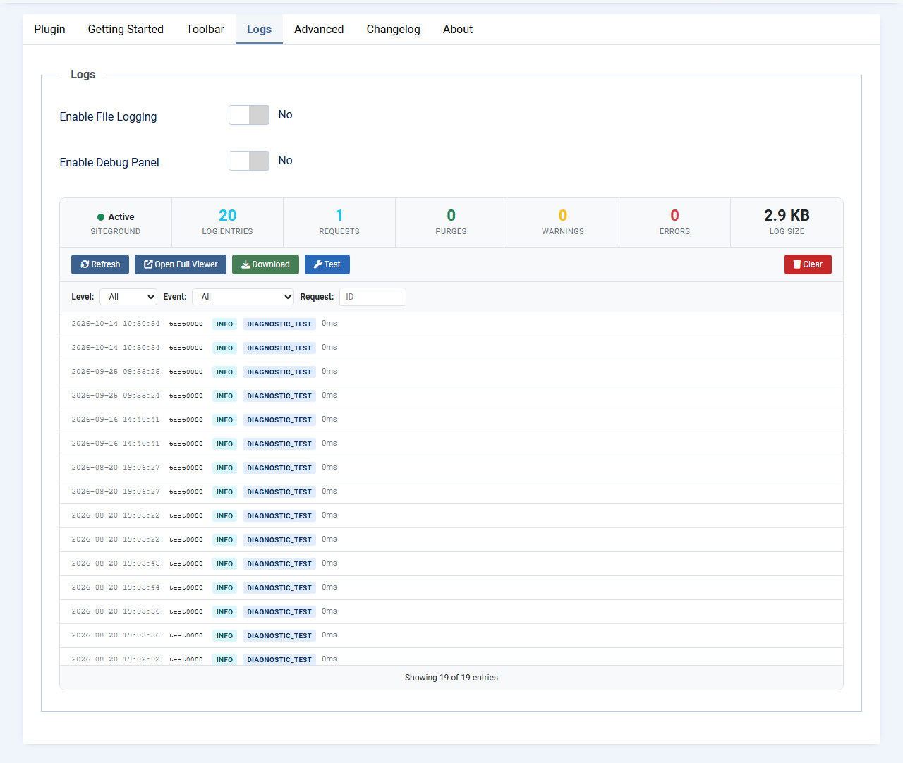 The Logs tab with the inline log viewer: SiteGround Active, counts of entries, purges, warnings and errors, and a list of log entries